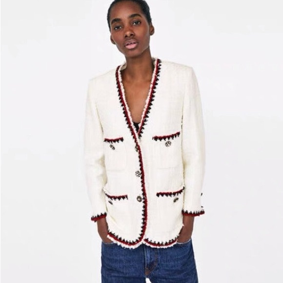 Zara Bouclé Tweed Jacket V-Neck Cream White with Black/Red Trim Preppy Sz Large - Picture 1 of 12